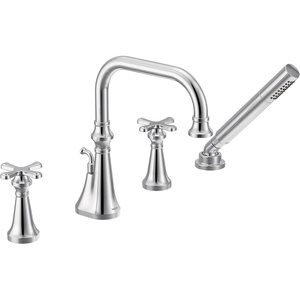 Moen TS44506 Colinet Two Handle Deck-Mount Roman Tub Faucet Trim with Cross Handles and Handshower, Valve Required, Chrome(Chrome)