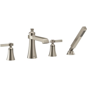 Moen TS928BN Flara 2-Handle Deck Mount Lever Handle Roman Tub Faucet Trim Kit, Valve Required, Including Single Function Handshower, Brushed Nickel