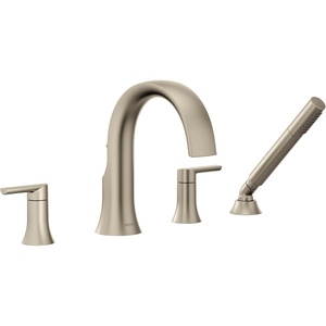 Moen TS983BL Doux Two-Handle High Arc Deck-Mount Roman Tub Faucet Trim with Handshower, Valve Required, Matte Black(Brushed Nickel)