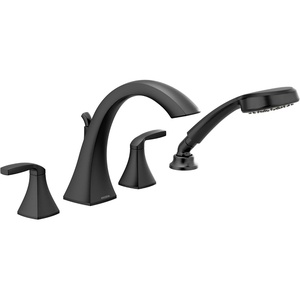 Moen Voss Matte Black Two-Handle Deck Mount Roman Tub Faucet Trim Kit with Handshower, Valve Required, T694BL