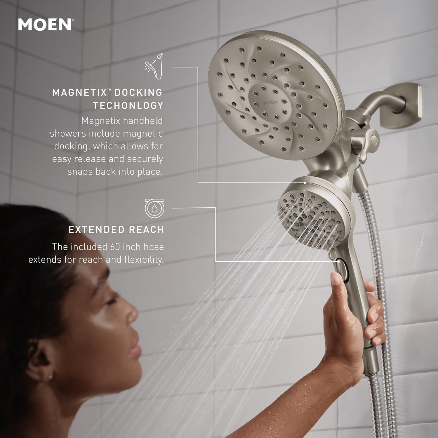 image:imageMoen 26009SRN Engage Magnetix 2in1 Combo Rain Showerhead with Handheld Spray Magnetic Docking System Spot Resist Brushed Nickel 6Spray Settings 25 GPMSpot Resist Brushed Nickel