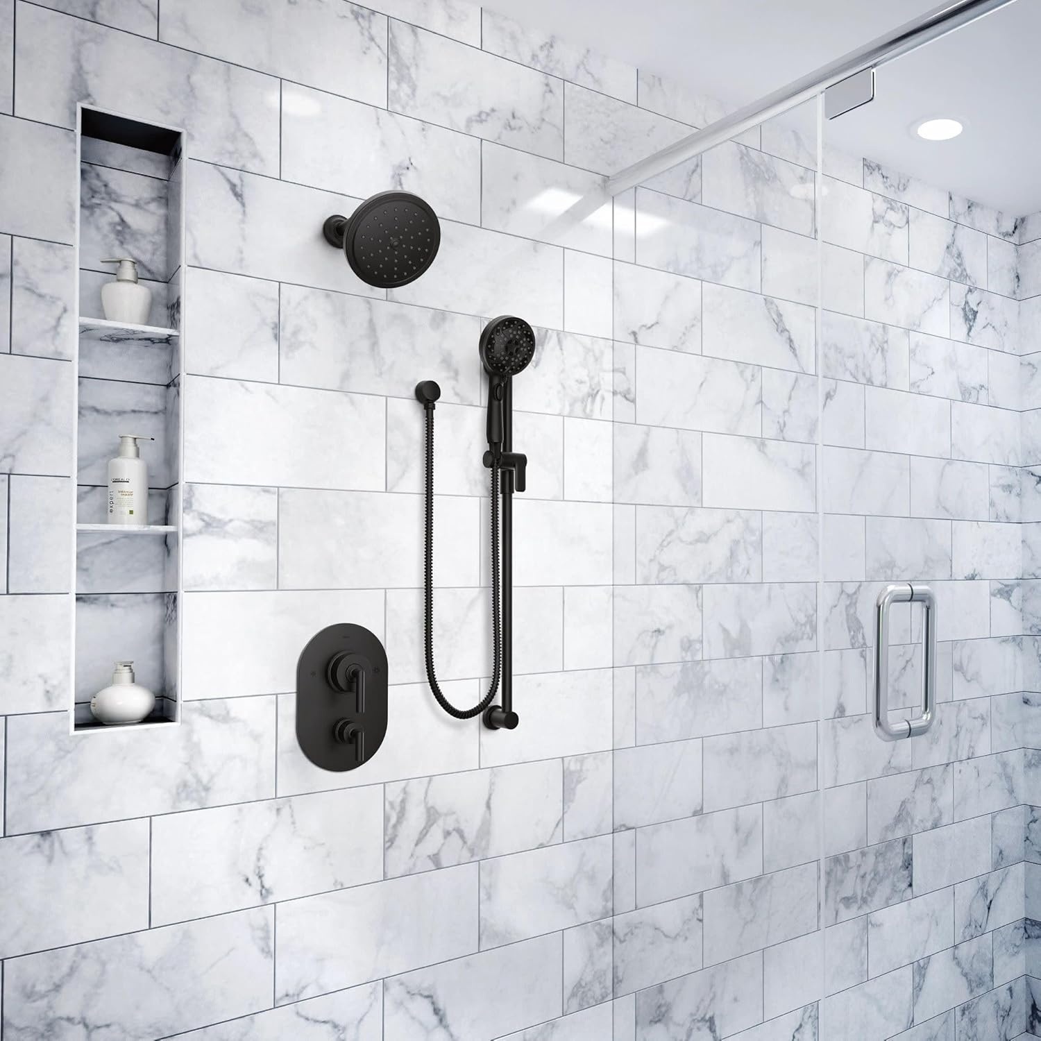 image:imageMoen 3670EP 5Function Massaging Handshower with Toggle Pause Includes 30Inch Slide Bar and 69Inch Hose ChromeMatte Black