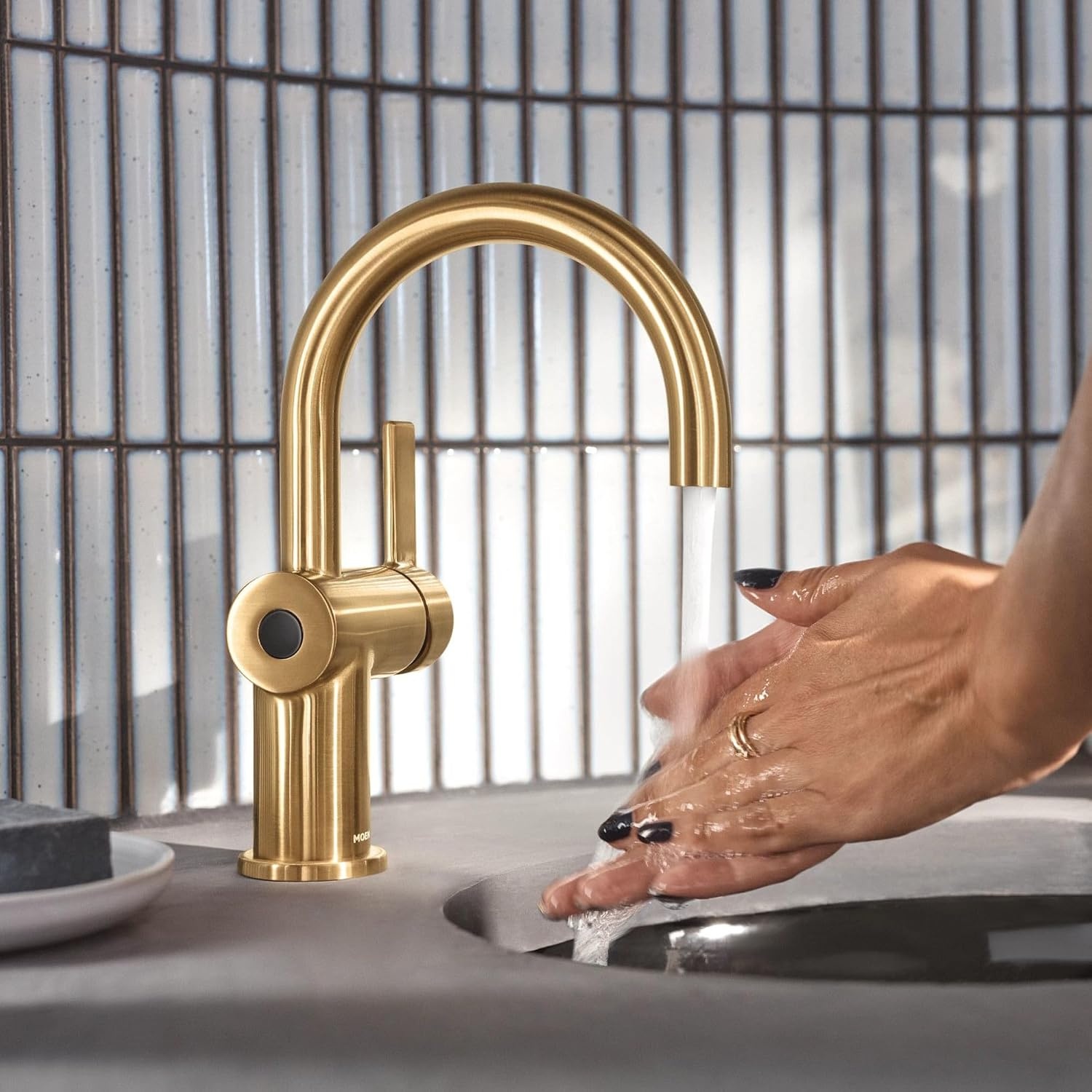 image:imageMoen 6221 Cia Single Handle Bathroom Sink Faucet with Optional Deck Plate Included ChromeBrushed Gold