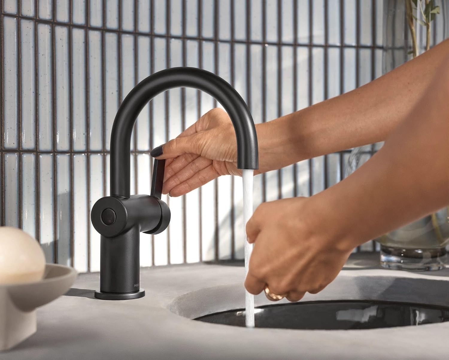 image:imageMoen 6221 Cia Single Handle Bathroom Sink Faucet with Optional Deck Plate Included ChromeMatte Black