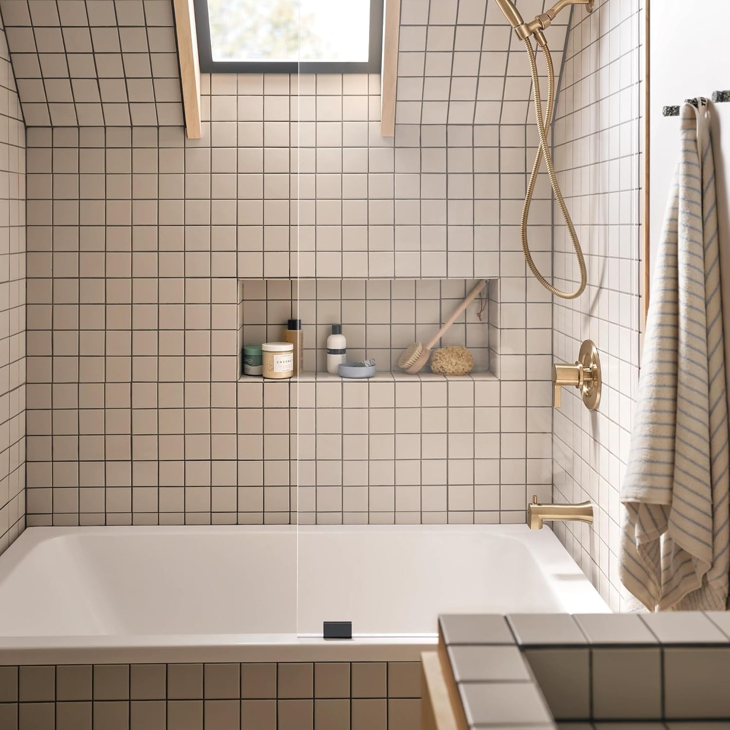 image:imageMoen 82775BL Beric SingleHandle Tub and Shower Faucet with Handshower and Metal Hose Valve Included IPS Tub Spout Matte BlackBronzed Gold