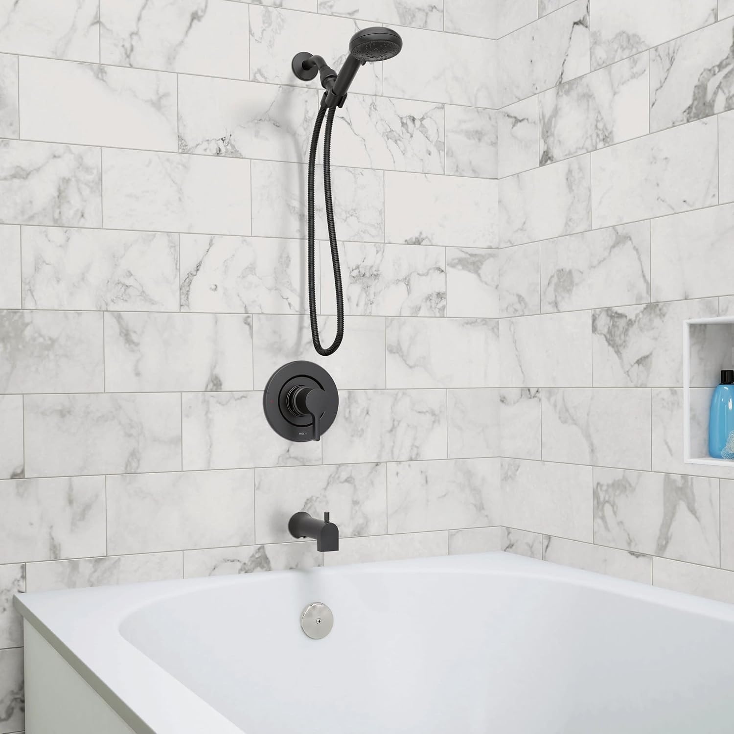 image:imageMoen 82775BL Beric SingleHandle Tub and Shower Faucet with Handshower and Metal Hose Valve Included IPS Tub Spout Matte BlackMatte Black