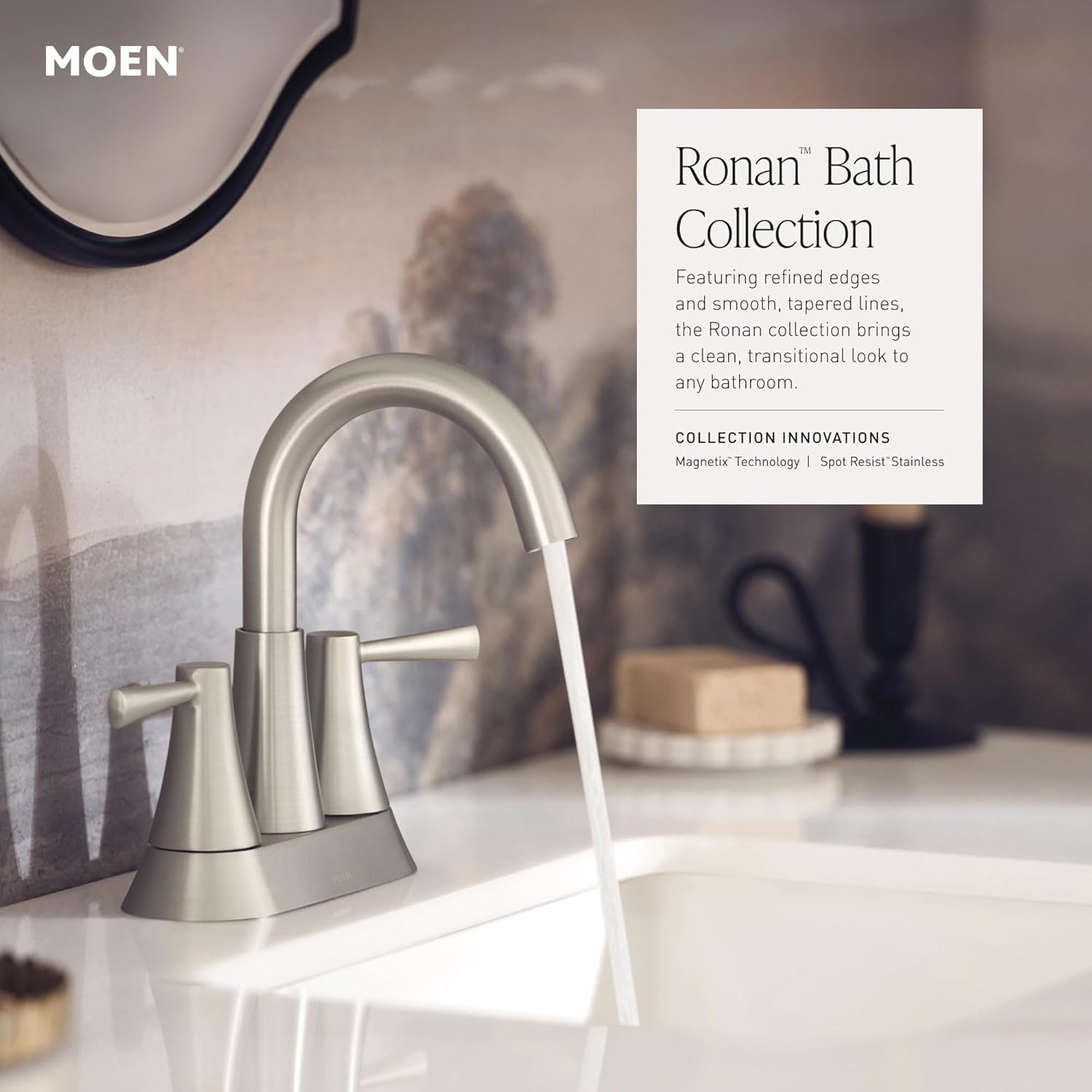 image:imageMoen 84021SRN Ronan 1Handle Bathroom Faucet Brushed Nickel Bathroom sink faucet single hole install optional deckplate drain included spot resist finish
