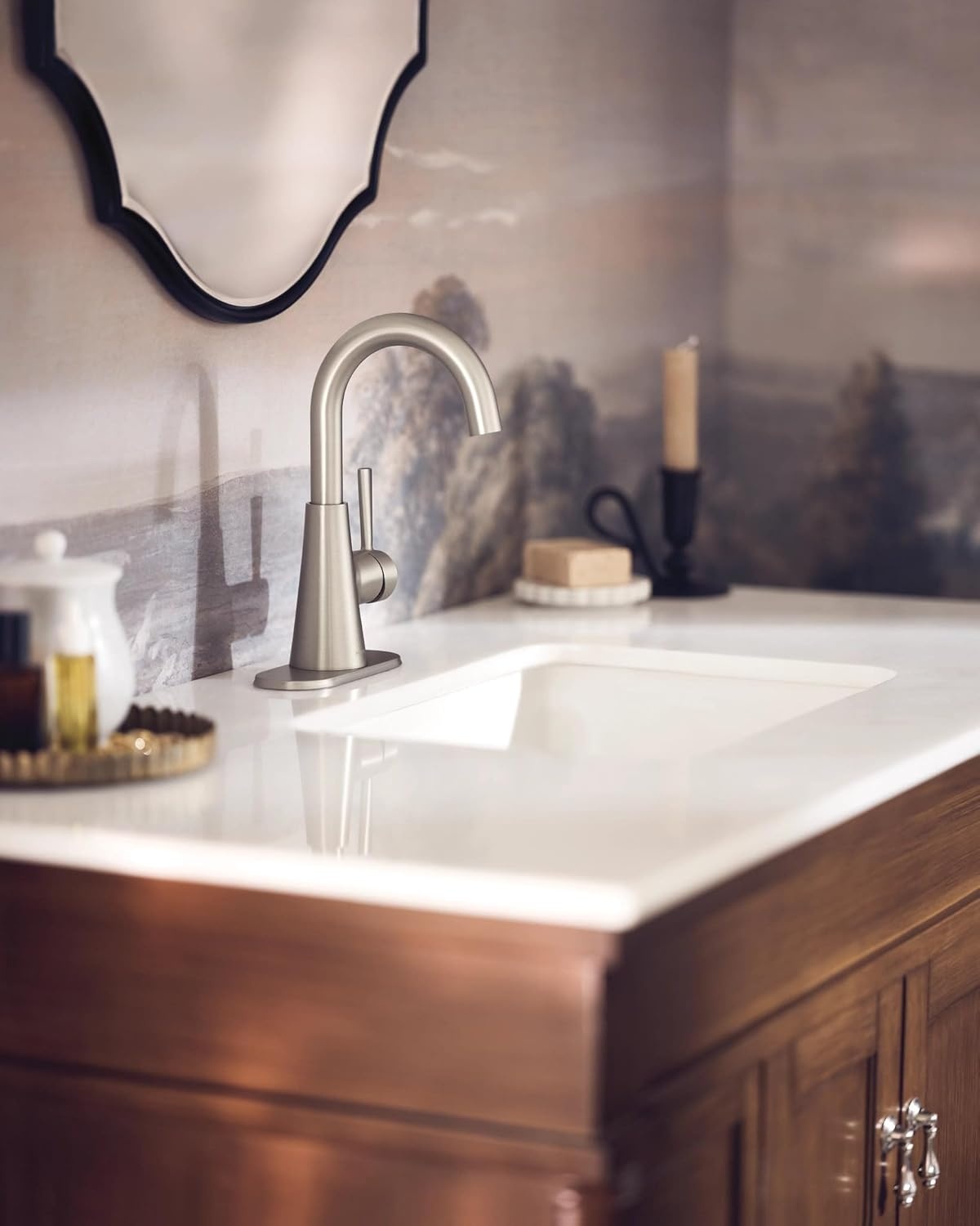 image:imageMoen 84021SRN Ronan 1Handle Bathroom Faucet Brushed Nickel Bathroom sink faucet single hole install optional deckplate drain included spot resist finish