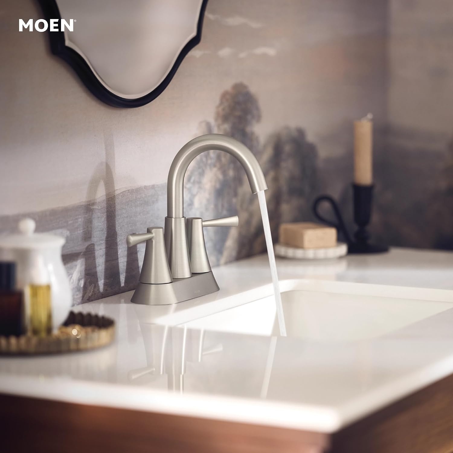 image:imageMoen 84023SRN Ronan 2Handle Widespread Bathroom Faucet BN Bathroom sink faucet widespread 2handle design valve included spot resist finish modern styleBrushed Nickel