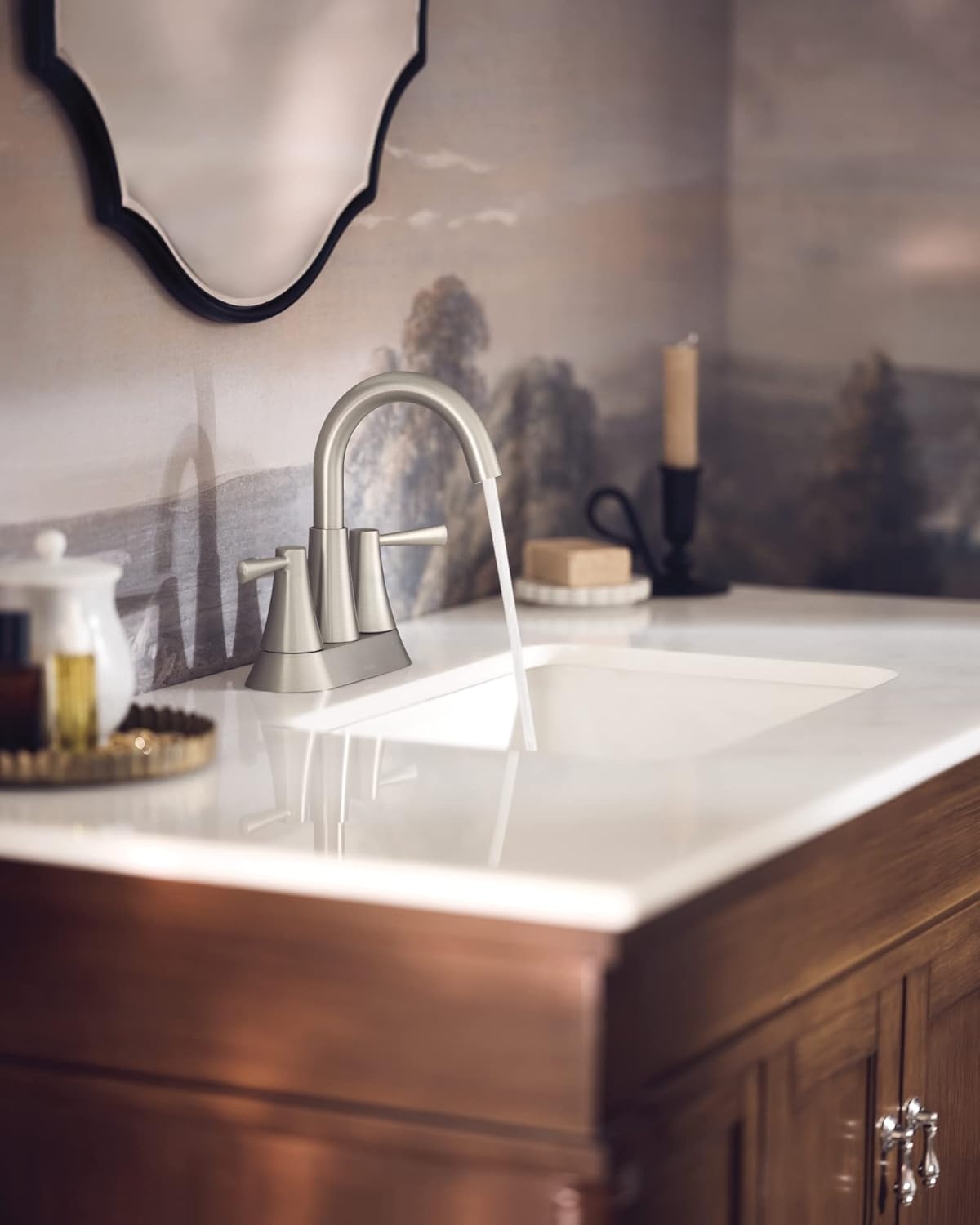 image:imageMoen 84023SRN Ronan 2Handle Widespread Bathroom Faucet BN Bathroom sink faucet widespread 2handle design valve included spot resist finish modern styleBrushed Nickel