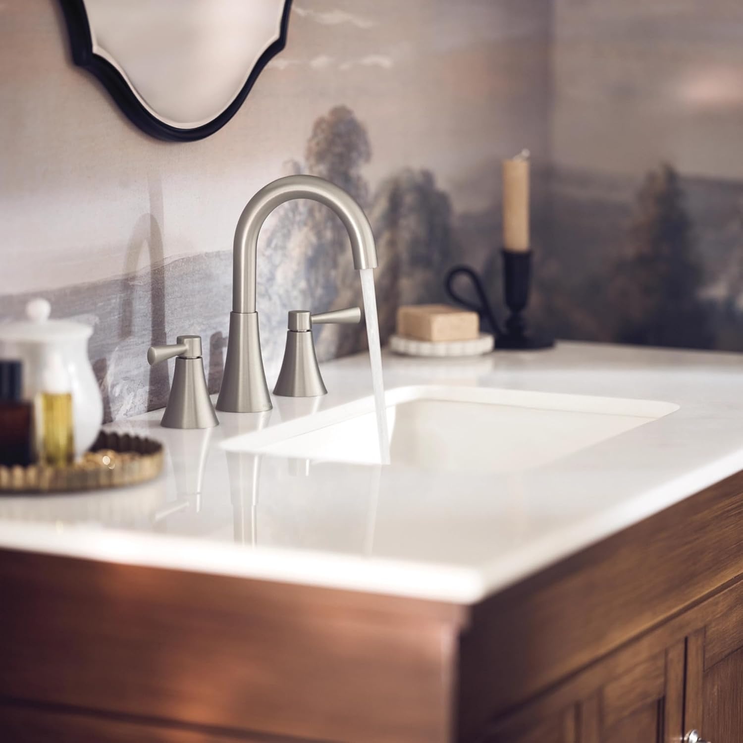 image:imageMoen 84023SRN Ronan 2Handle Widespread Bathroom Faucet BN Bathroom sink faucet widespread 2handle design valve included spot resist finish modern styleBrushed Nickel