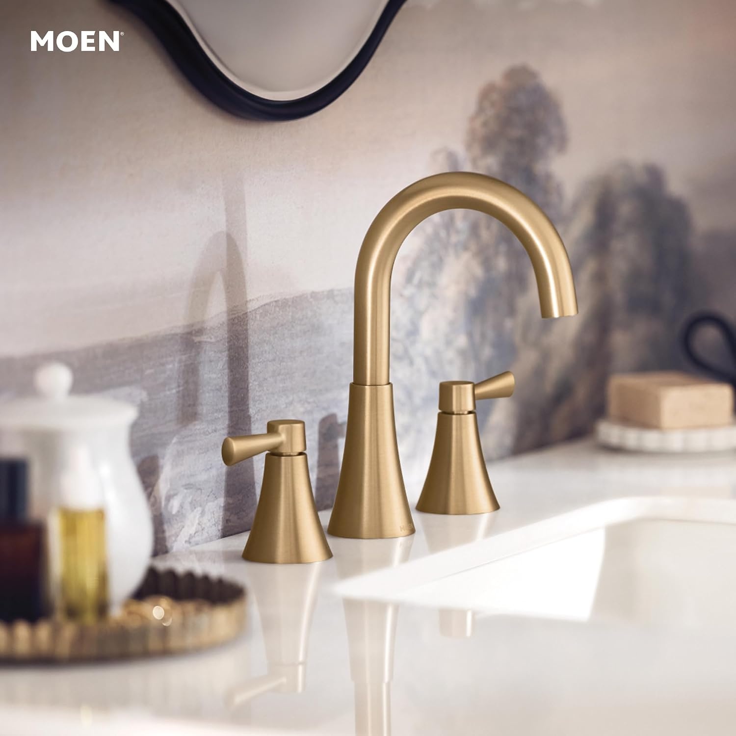 image:imageMoen 84023SRN Ronan 2Handle Widespread Bathroom Faucet BN Bathroom sink faucet widespread 2handle design valve included spot resist finish modern styleBronzed Gold
