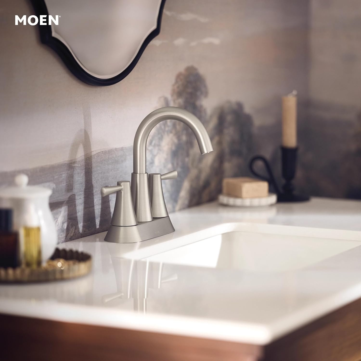image:imageMoen 84023SRN Ronan 2Handle Widespread Bathroom Faucet BN Bathroom sink faucet widespread 2handle design valve included spot resist finish modern styleBrushed Nickel