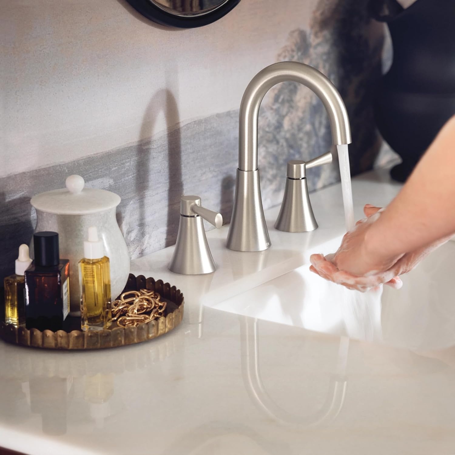 image:imageMoen 84023SRN Ronan 2Handle Widespread Bathroom Faucet BN Bathroom sink faucet widespread 2handle design valve included spot resist finish modern styleBrushed Nickel