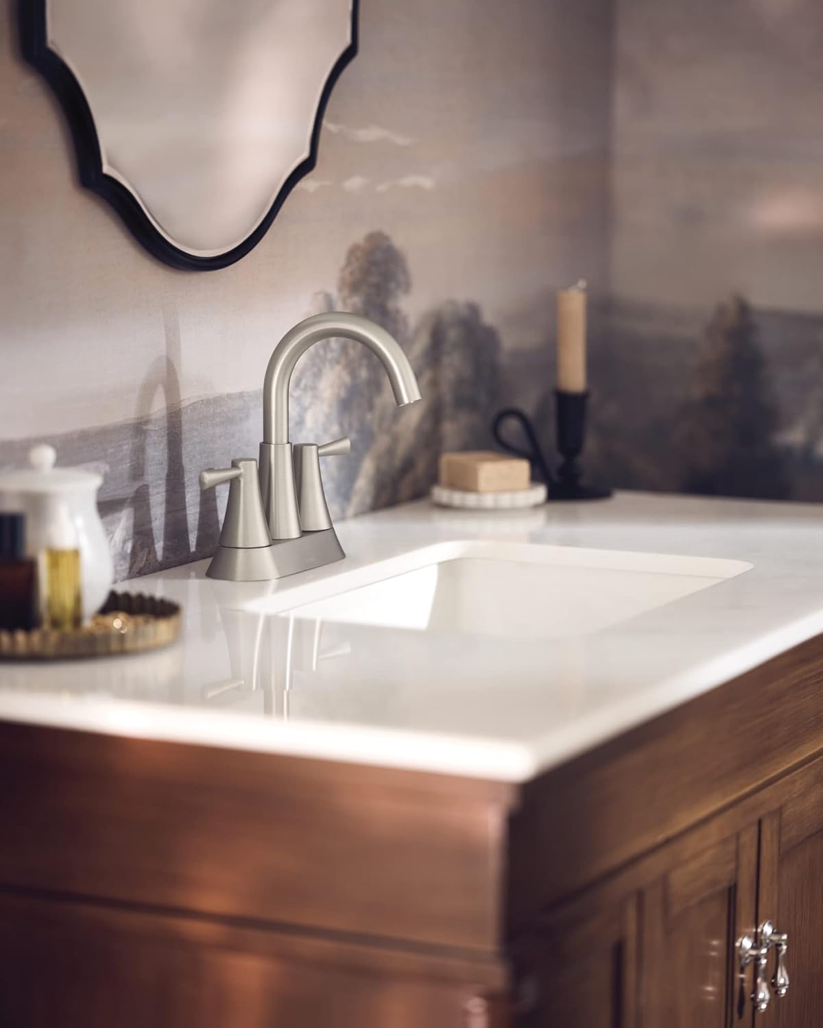 image:imageMoen 84023SRN Ronan 2Handle Widespread Bathroom Faucet BN Bathroom sink faucet widespread 2handle design valve included spot resist finish modern styleBrushed Nickel