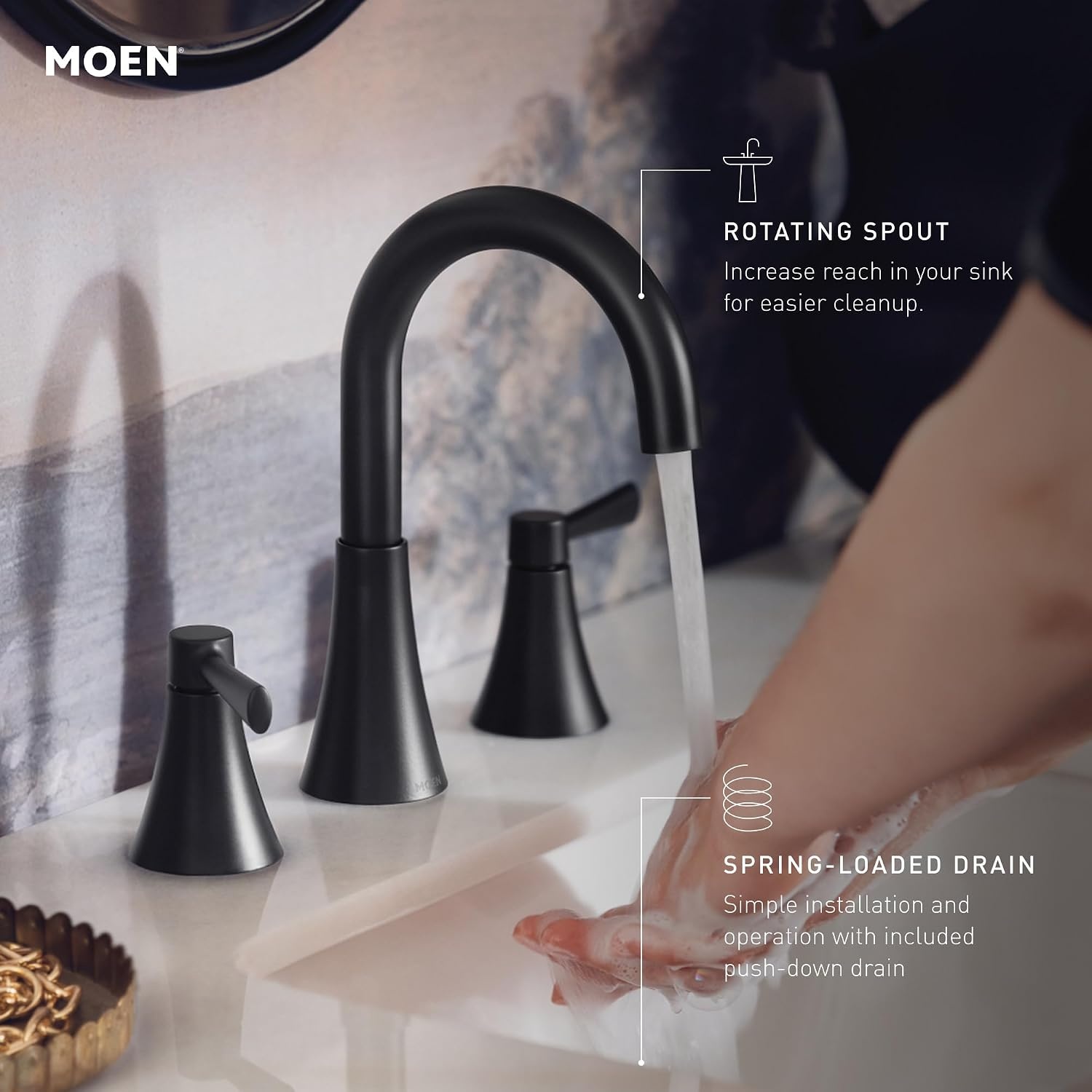 image:imageMoen 84023SRN Ronan 2Handle Widespread Bathroom Faucet BN Bathroom sink faucet widespread 2handle design valve included spot resist finish modern styleBronzed Gold