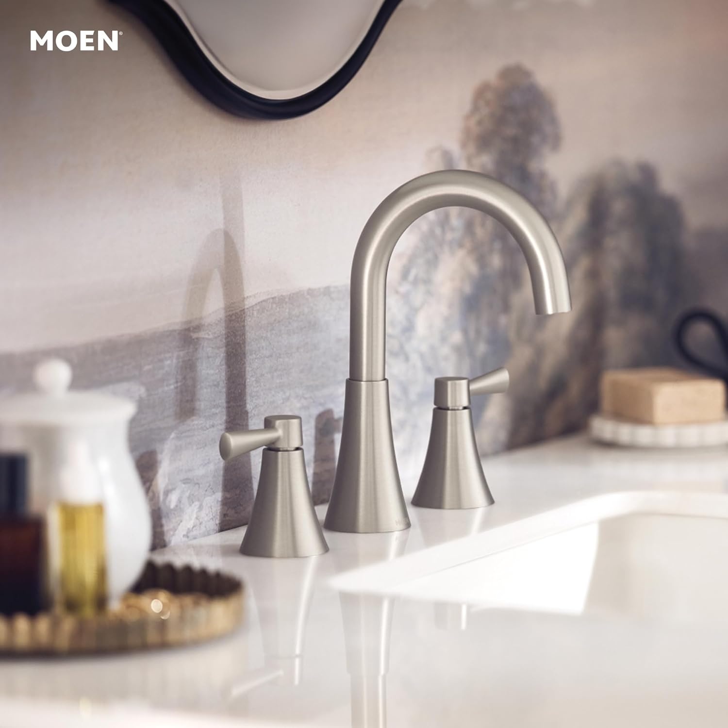 image:imageMoen 84023SRN Ronan 2Handle Widespread Bathroom Faucet BN Bathroom sink faucet widespread 2handle design valve included spot resist finish modern styleBrushed Nickel
