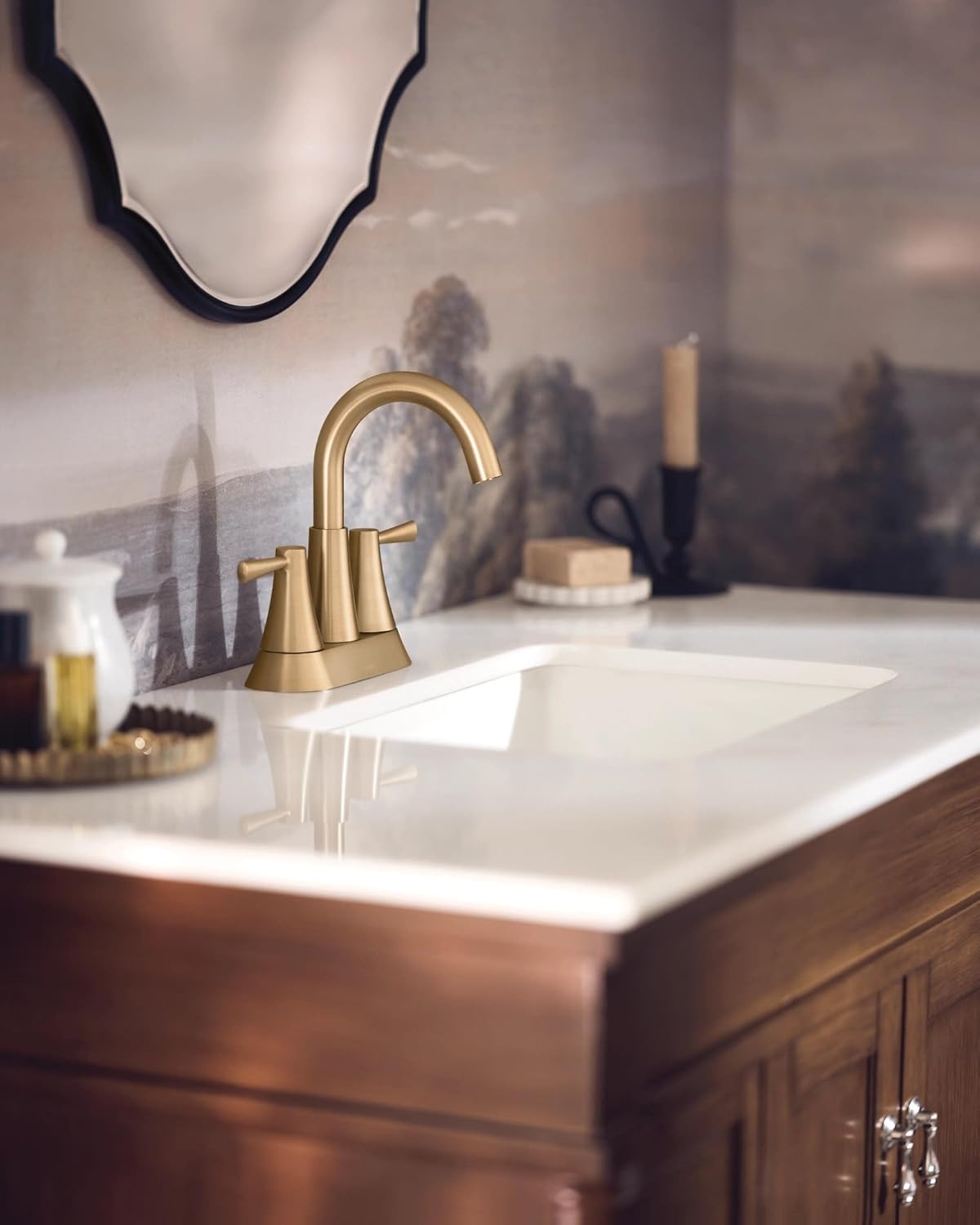 image:imageMoen 84023SRN Ronan 2Handle Widespread Bathroom Faucet BN Bathroom sink faucet widespread 2handle design valve included spot resist finish modern styleBronzed Gold