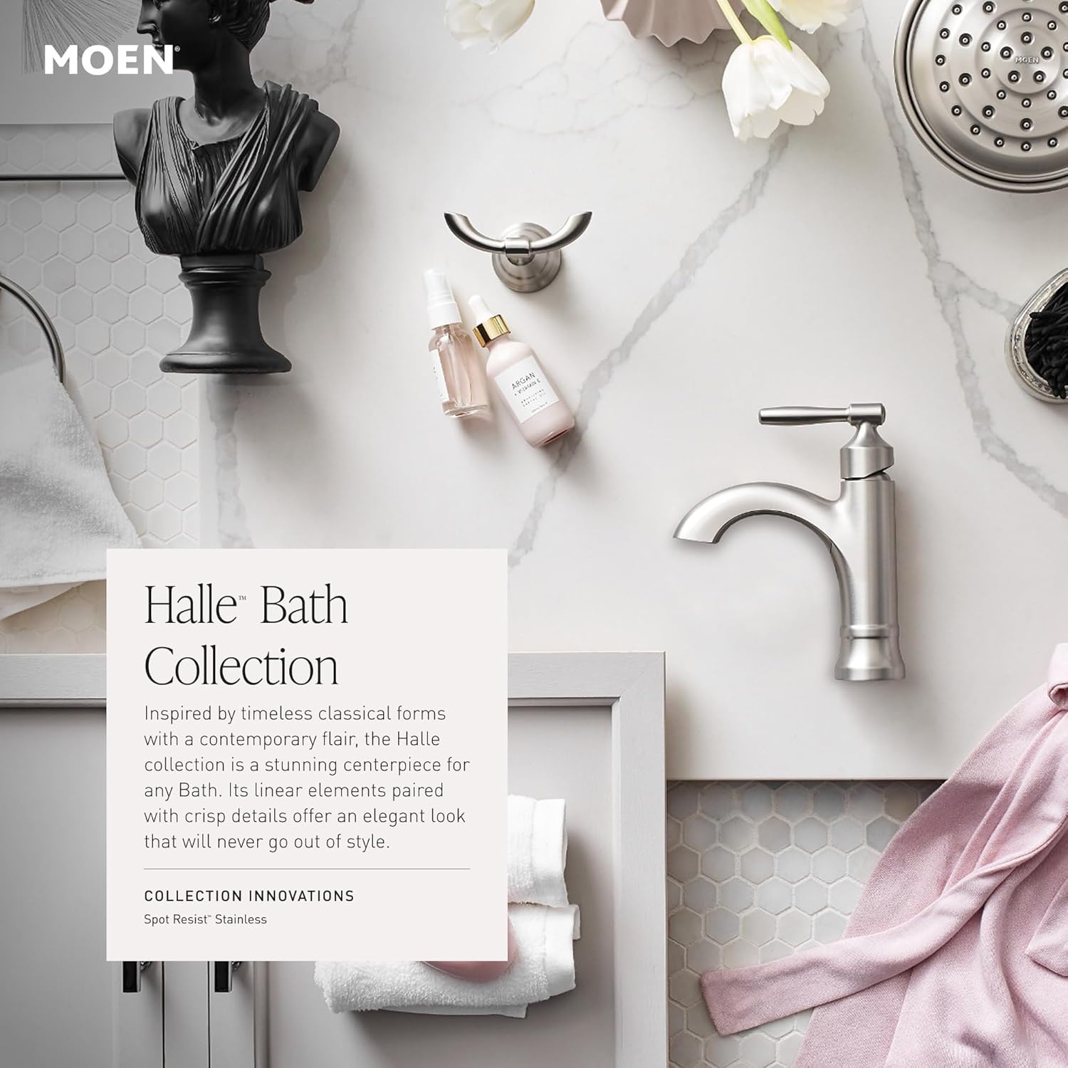 image:imageMoen 84972SRN Halle Widespread 2Handle Bathroom Faucet with Drain Assembly Spot Resist Brushed Nickel 3Hole 816 Adjustable InstallationChrome