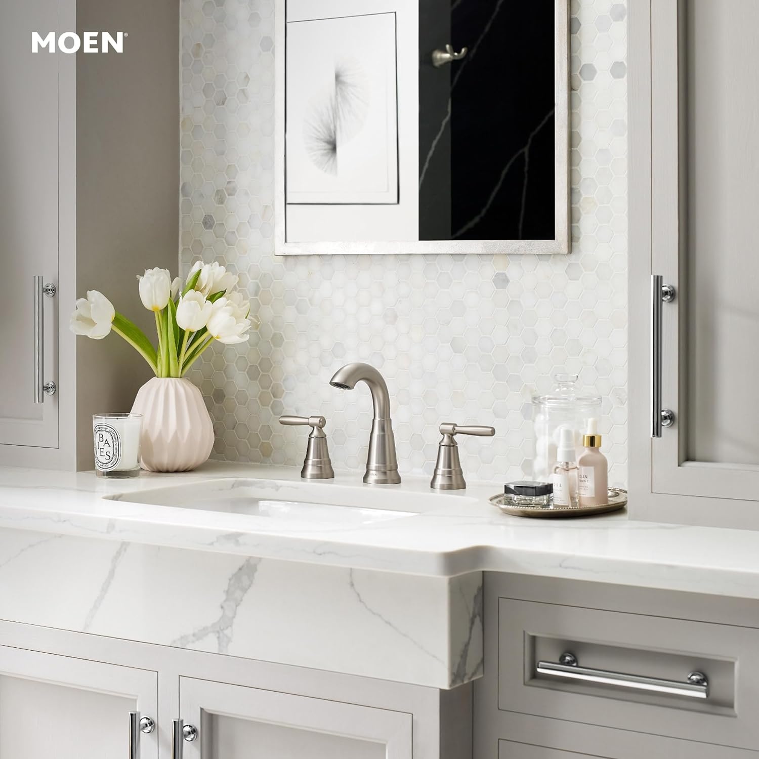 image:imageMoen 84972SRN Halle Widespread 2Handle Bathroom Faucet with Drain Assembly Spot Resist Brushed Nickel 3Hole 816 Adjustable InstallationSpot Resist Nickel