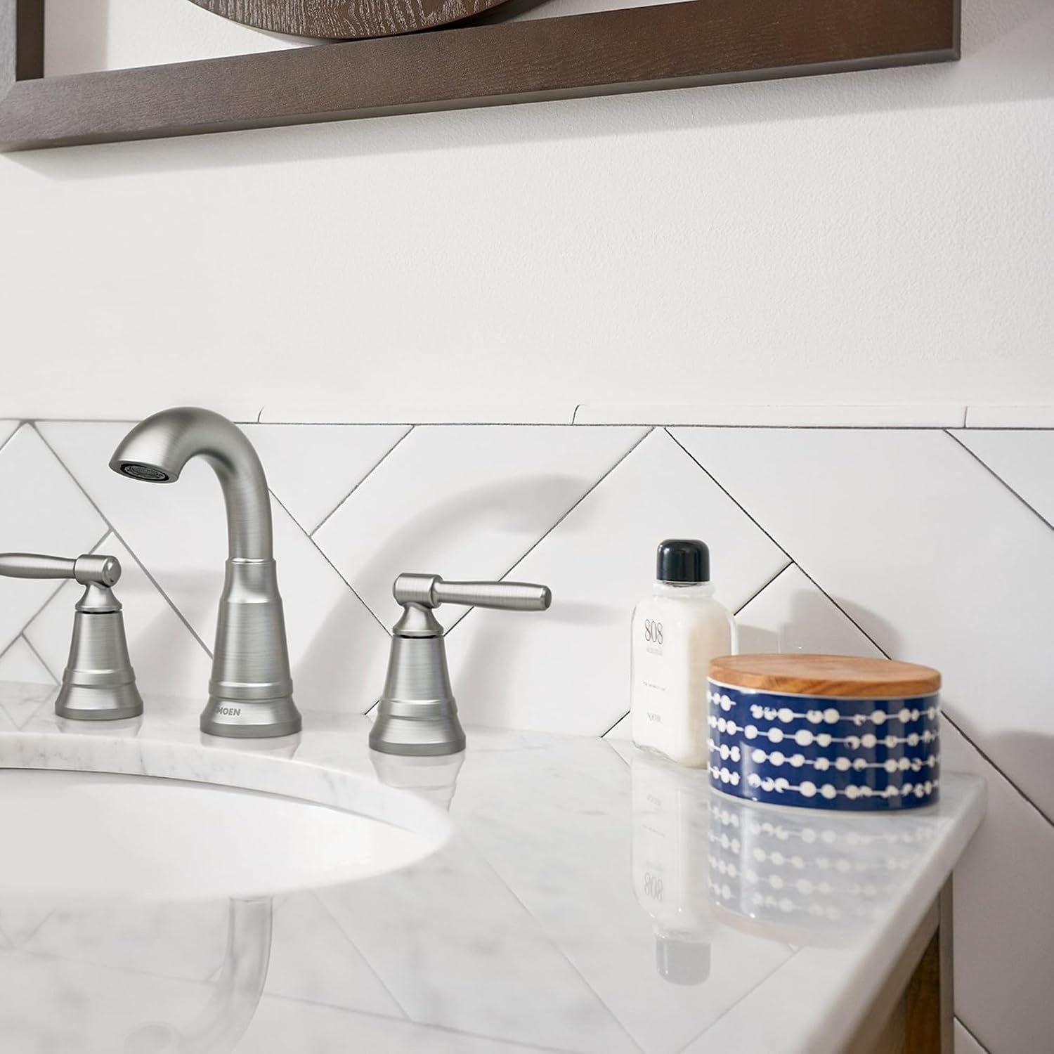 image:imageMoen 84972SRN Halle Widespread 2Handle Bathroom Faucet with Drain Assembly Spot Resist Brushed Nickel 3Hole 816 Adjustable InstallationSpot Resist Nickel