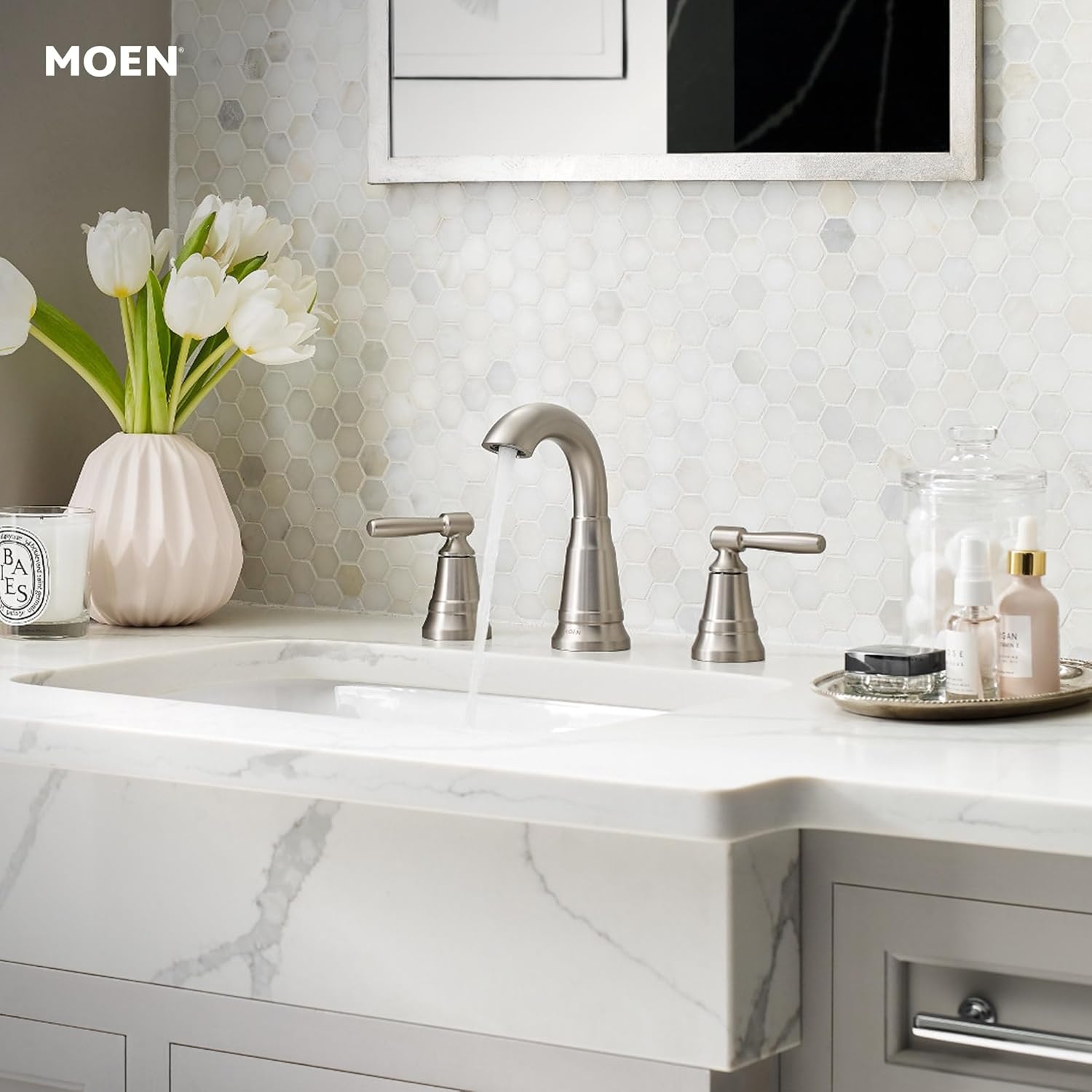 image:imageMoen 84972SRN Halle Widespread 2Handle Bathroom Faucet with Drain Assembly Spot Resist Brushed Nickel 3Hole 816 Adjustable InstallationSpot Resist Nickel