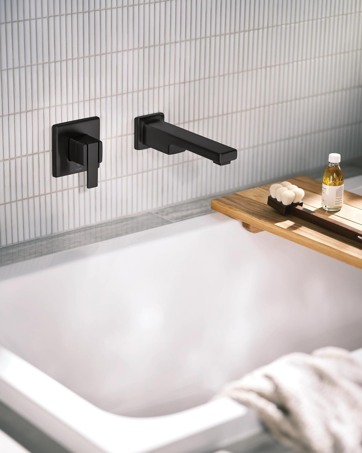 image:imageMoen 90 Degree Matte Black Single Handle Wall Mount Tub Filler High Flow Tub Faucet with 10 Spout Reach WTS911BL