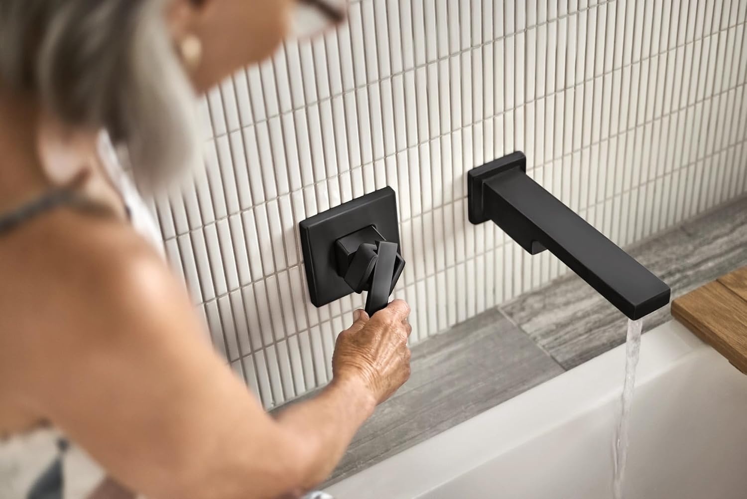image:imageMoen 90 Degree Matte Black Single Handle Wall Mount Tub Filler High Flow Tub Faucet with 10 Spout Reach WTS911BL