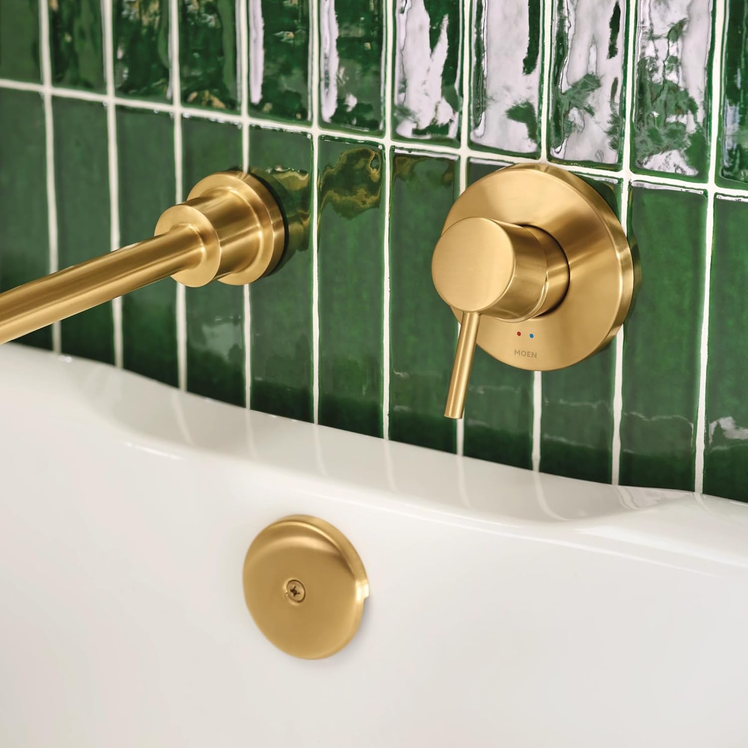 image:imageMoen Align Brushed Gold Single Handle Wall Mount Tub Filler High Flow Tub Faucet with 10 Spout Reach WT391BG