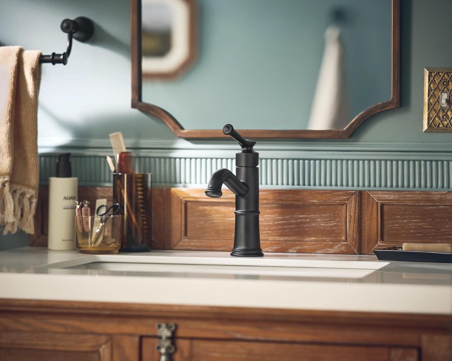 image:imageMoen Belfield Matte Black OneHandle Bathroom Sink Faucet with Drain Assembly and Optional Deckplate 6402BL