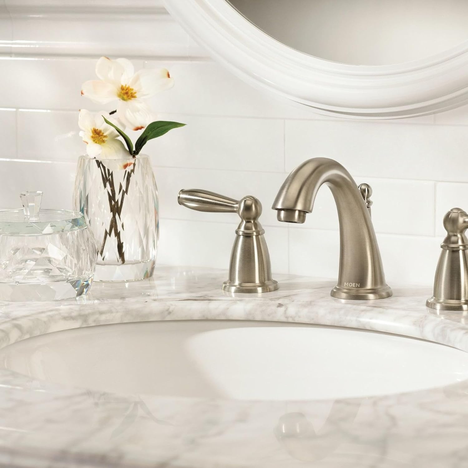 image:imageMoen Brandtford Brushed Nickel TwoHandle High Arc Widespread Bathroom Sink Faucet for 3Hole Setups with Valve Included TV6620BN