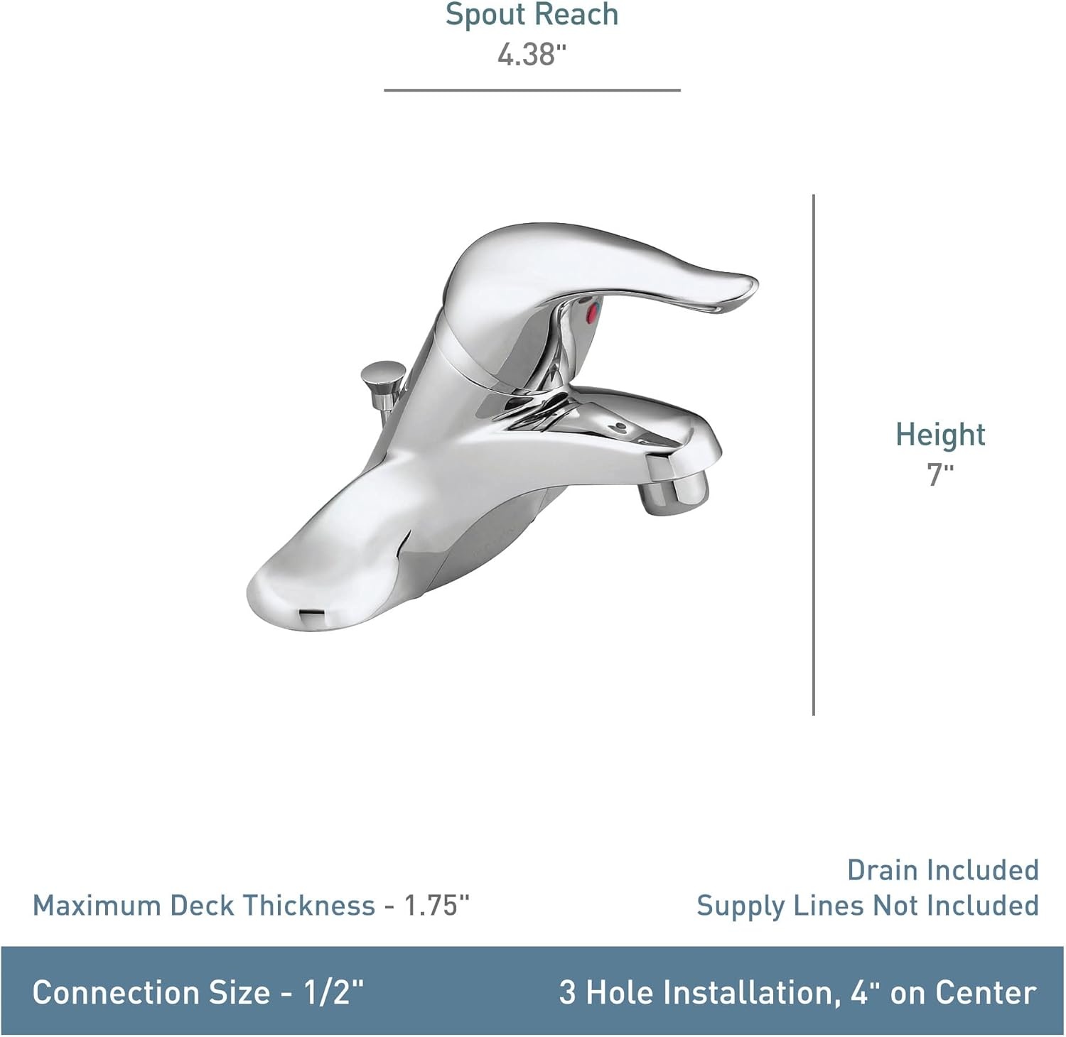 image:imageMoen Chateau Chrome OneHandle LowArc Centerset Bathroom Sink Faucet with Drain Assembly L4621Chrome