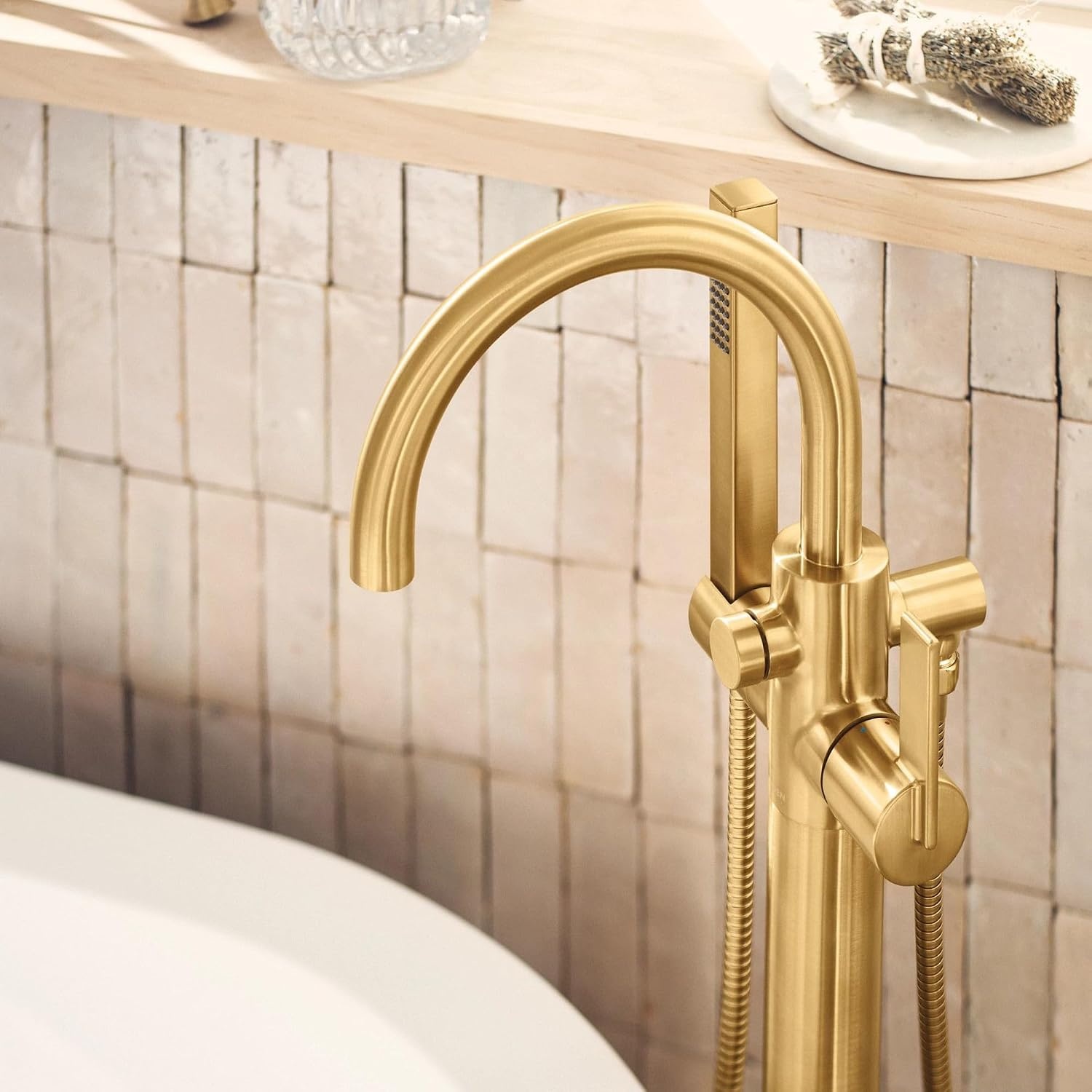 image:imageMoen Cia Brushed Gold One Handle Freestanding Floor Mount Tub Filler with Handshower 615BGBrushed Gold