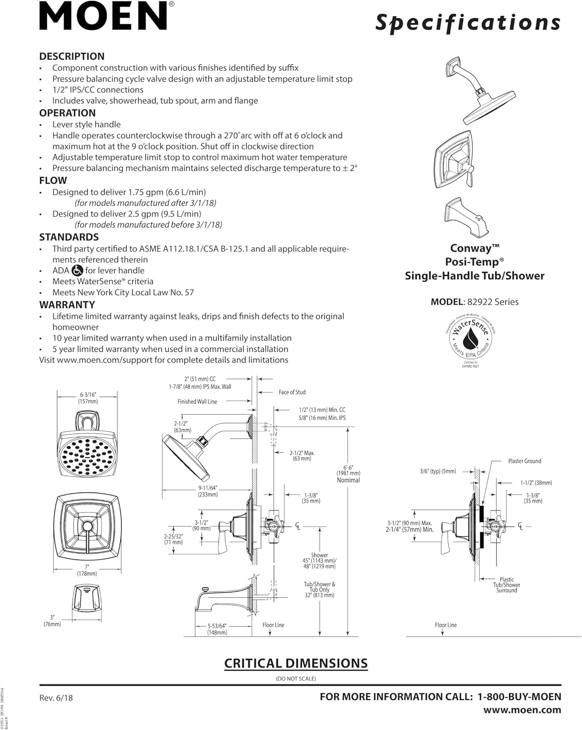 image:imageMoen Conway Chrome PosiTemp Shower Trim Set Featuring Square Showerhead Lever Handle and Tub Spout Valve Included 82922Chrome