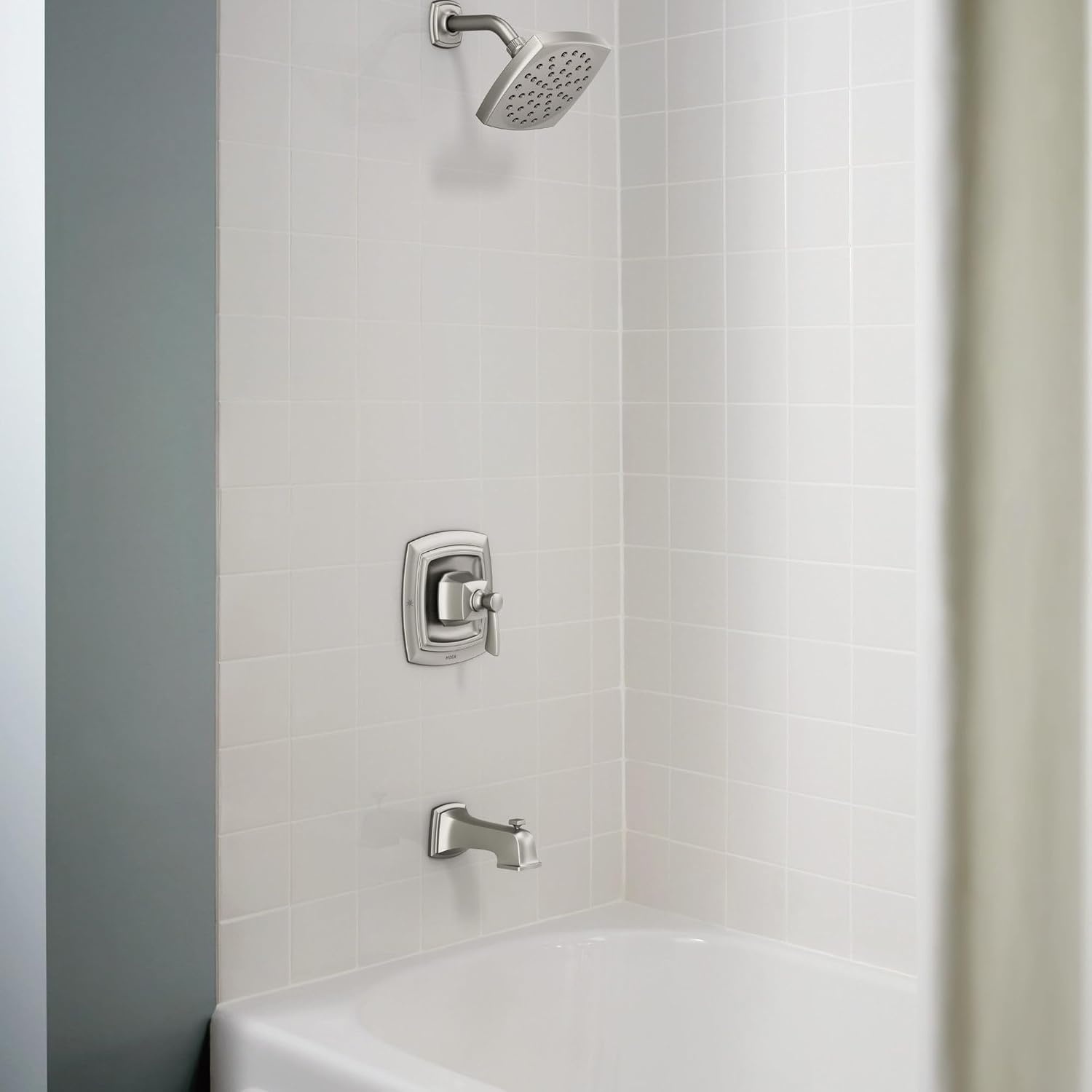 image:imageMoen Conway Chrome PosiTemp Shower Trim Set Featuring Square Showerhead Lever Handle and Tub Spout Valve Included 82922Spot Resist Nickel