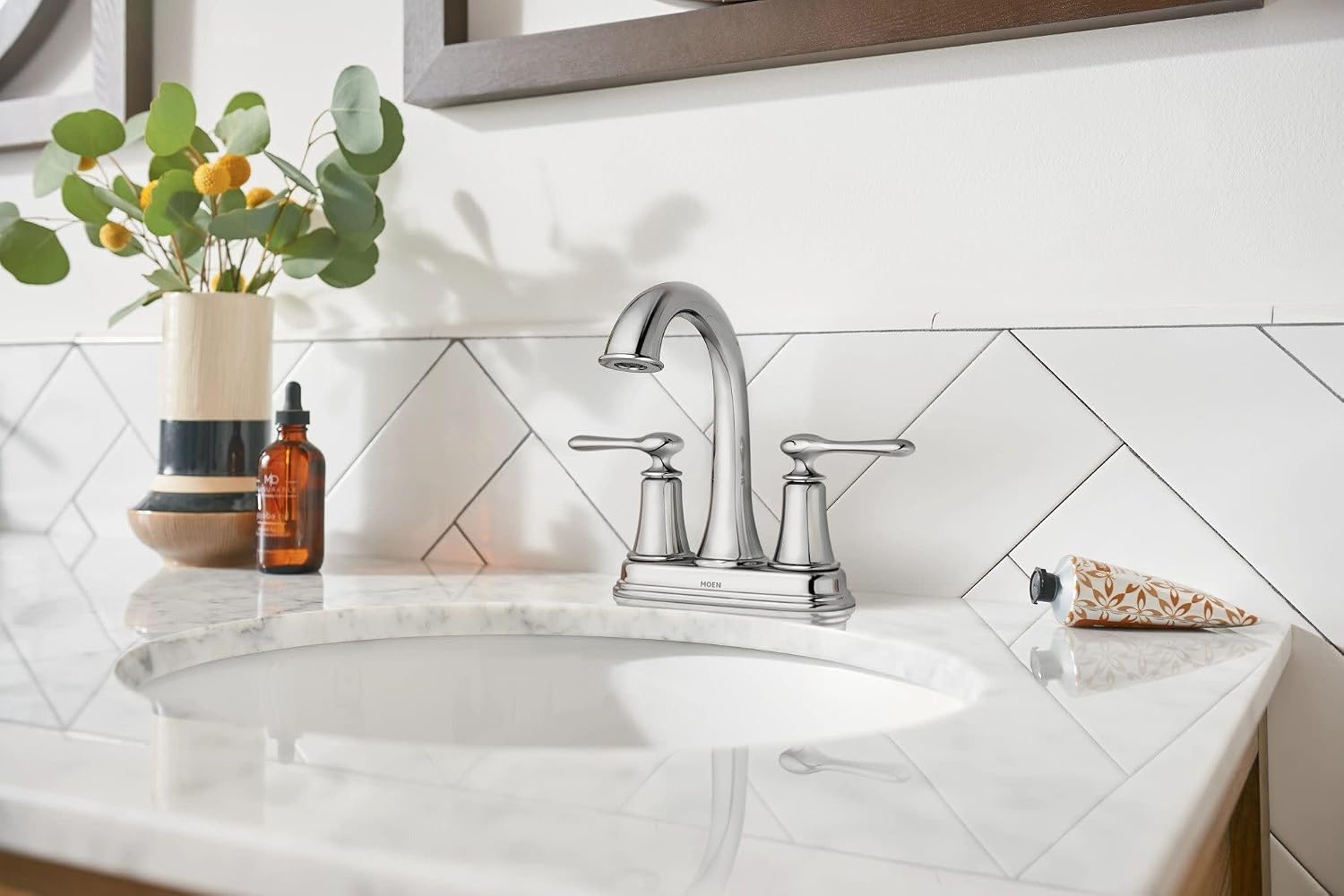 image:imageMoen Ellicott Chrome TwoHandle Centerset Bathroom Faucet with Drain Assembly 84092Chrome
