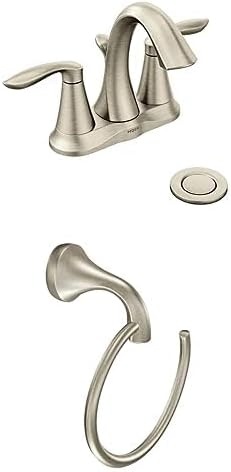 image:imageMoen Eva Brushed Nickel TwoHandle 4Inch Centerset Bathroom Faucet with Drain Assembly Bathroom Faucets for Sink 3Hole 6410BNBrushed Nickel