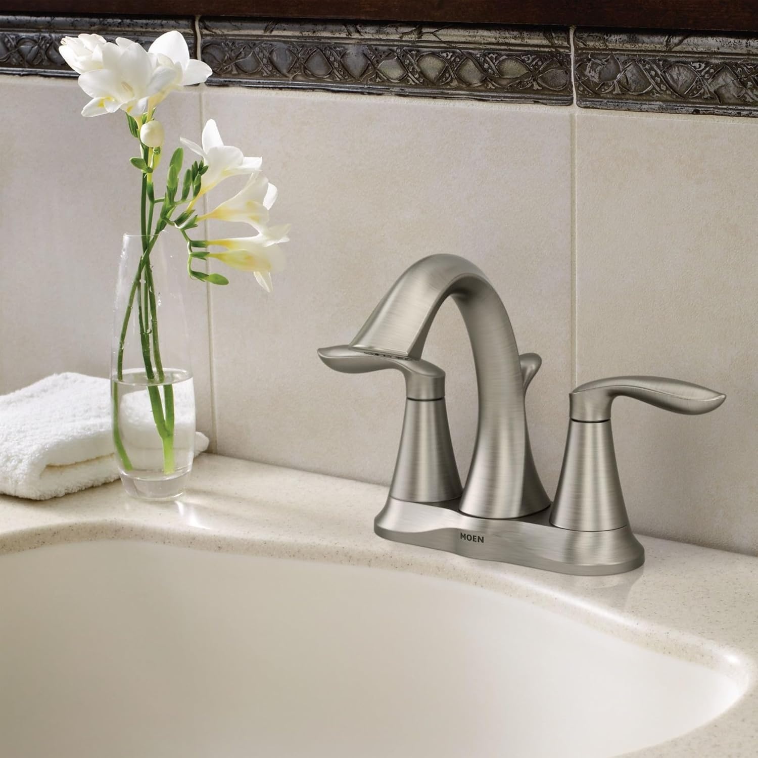 image:imageMoen Eva Brushed Nickel TwoHandle 4Inch Centerset Bathroom Faucet with Drain Assembly Bathroom Faucets for Sink 3Hole 6410BNBrushed Nickel