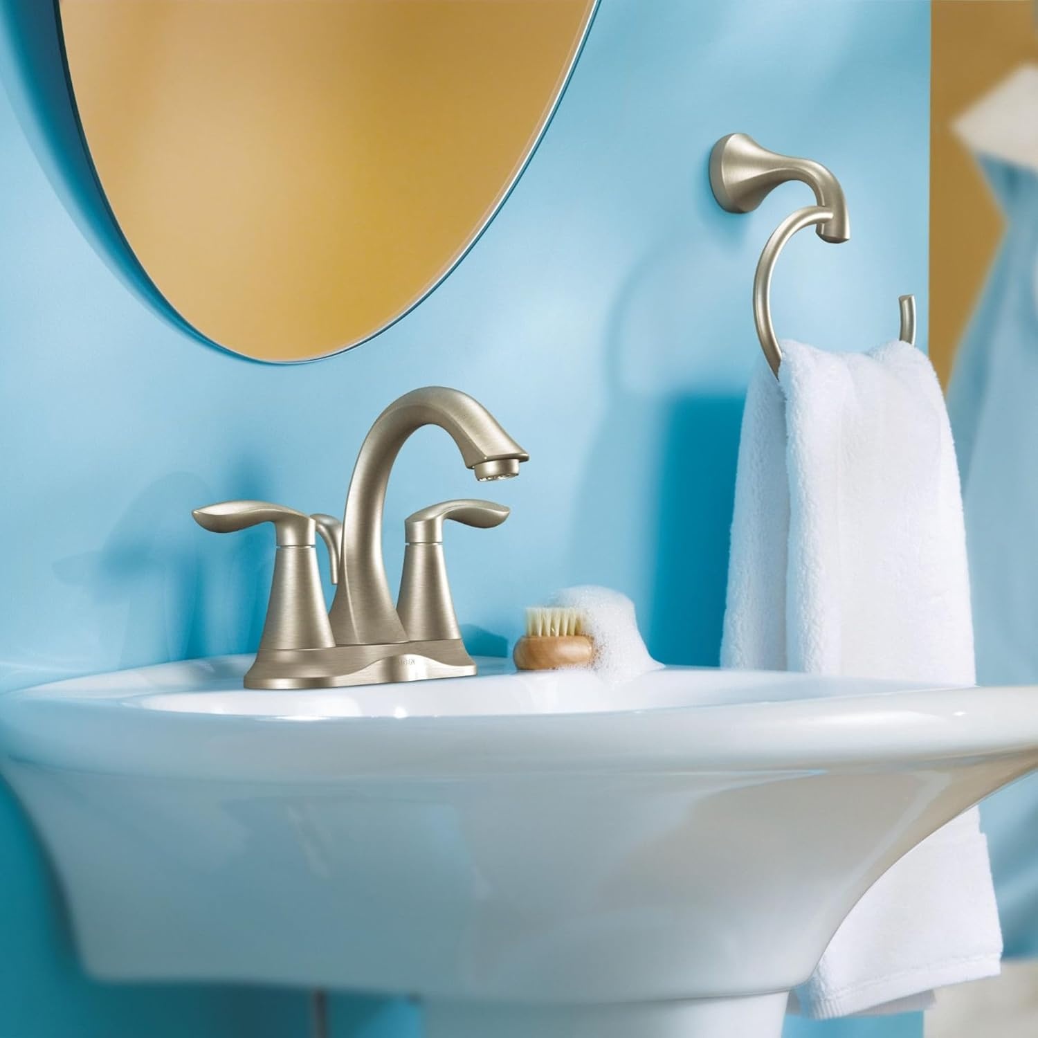 image:imageMoen Eva Brushed Nickel TwoHandle 4Inch Centerset Bathroom Faucet with Drain Assembly Bathroom Faucets for Sink 3Hole 6410BNBrushed Nickel