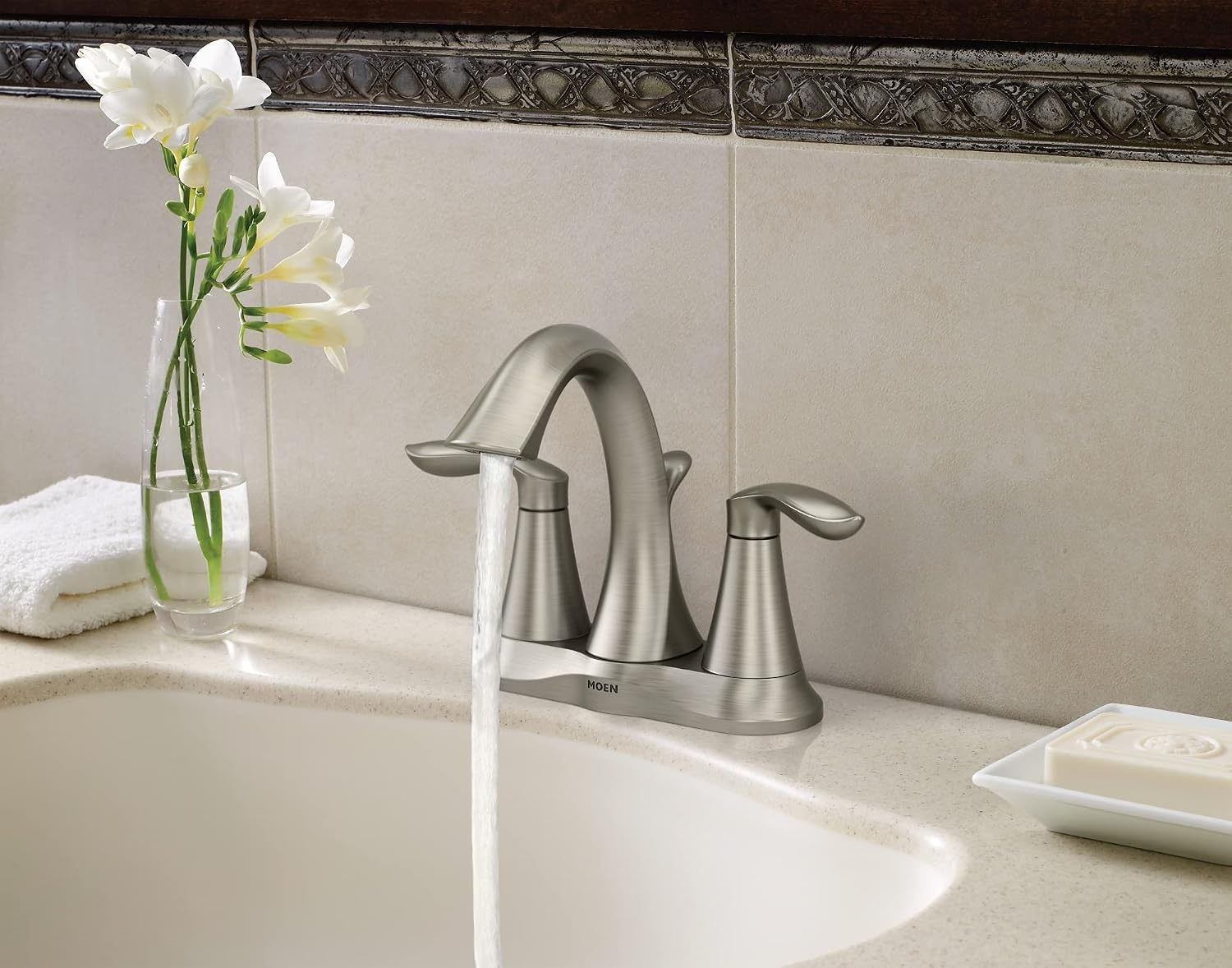 image:imageMoen Eva Brushed Nickel TwoHandle 4Inch Centerset Bathroom Faucet with Drain Assembly Bathroom Faucets for Sink 3Hole 6410BNBrushed Nickel