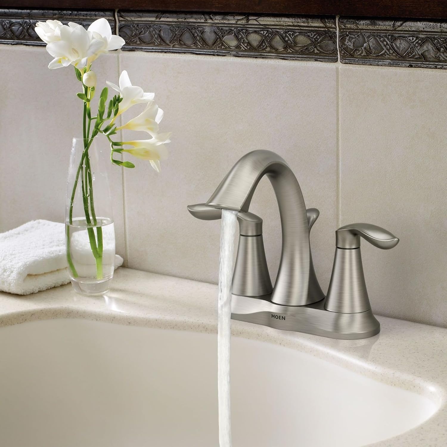 image:imageMoen Eva Brushed Nickel TwoHandle 4Inch Centerset Bathroom Faucet with Drain Assembly Bathroom Faucets for Sink 3Hole 6410BNBrushed Nickel
