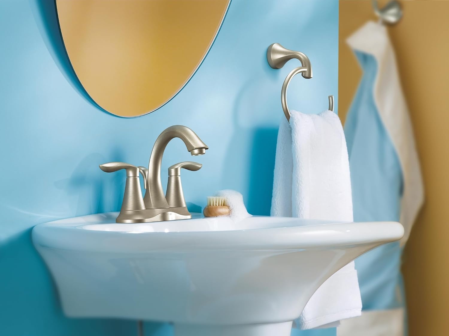 image:imageMoen Eva Brushed Nickel TwoHandle 4Inch Centerset Bathroom Faucet with Drain Assembly Bathroom Faucets for Sink 3Hole 6410BNBrushed Nickel