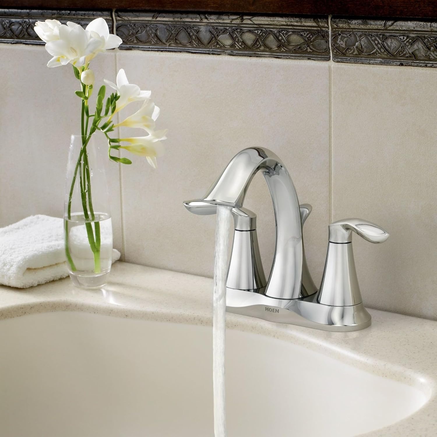 image:imageMoen Eva Brushed Nickel TwoHandle 4Inch Centerset Bathroom Faucet with Drain Assembly Bathroom Faucets for Sink 3Hole 6410BNChrome