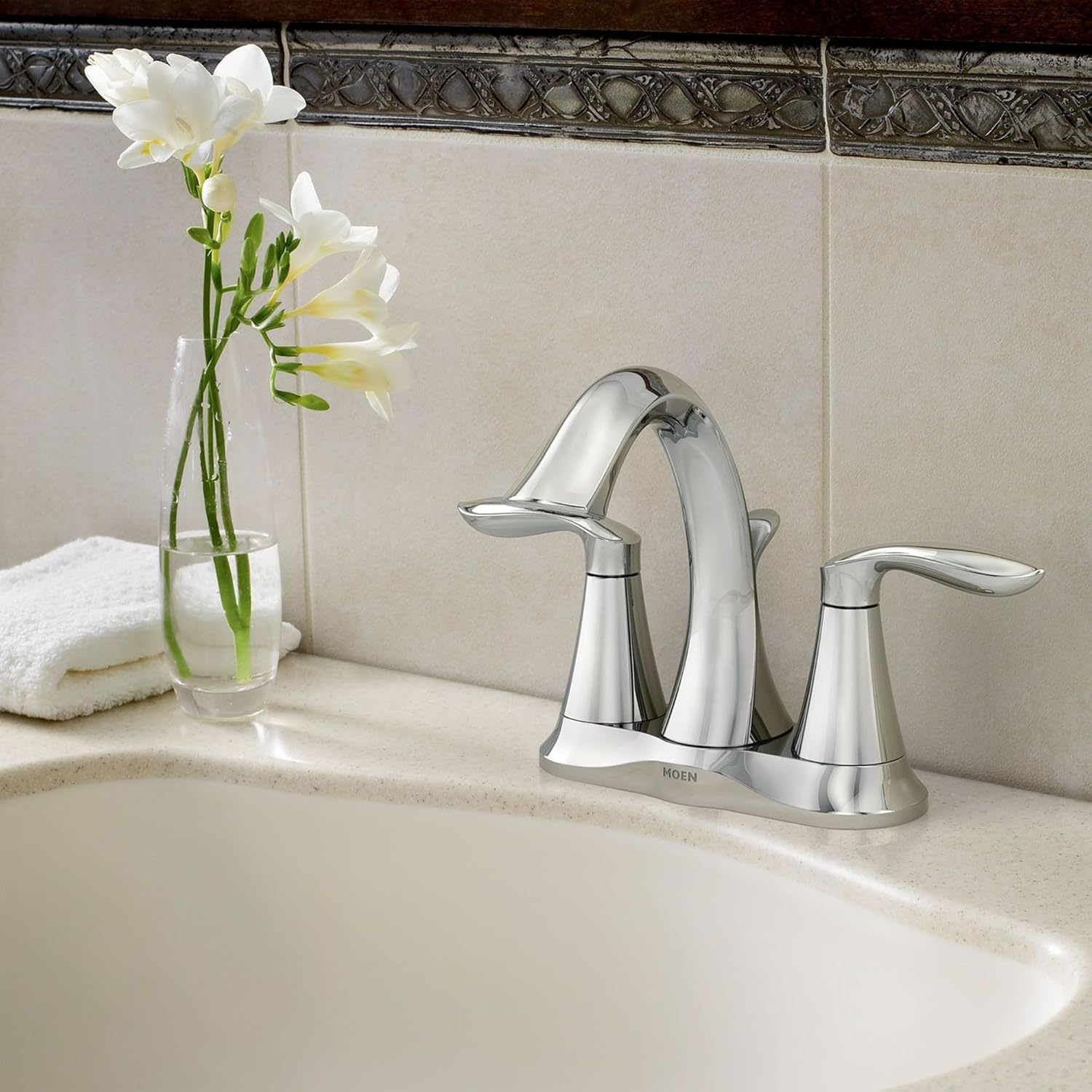 image:imageMoen Eva Brushed Nickel TwoHandle 4Inch Centerset Bathroom Faucet with Drain Assembly Bathroom Faucets for Sink 3Hole 6410BNChrome