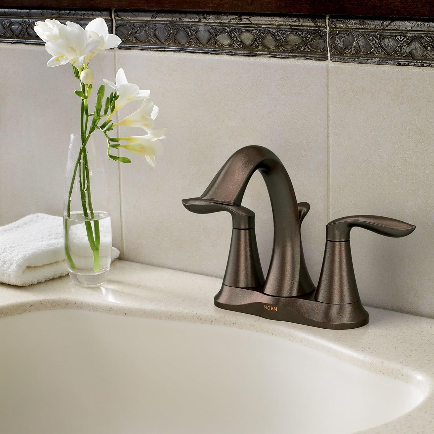 image:imageMoen Eva Brushed Nickel TwoHandle 4Inch Centerset Bathroom Faucet with Drain Assembly Bathroom Faucets for Sink 3Hole 6410BNOil Rubbed Bronze