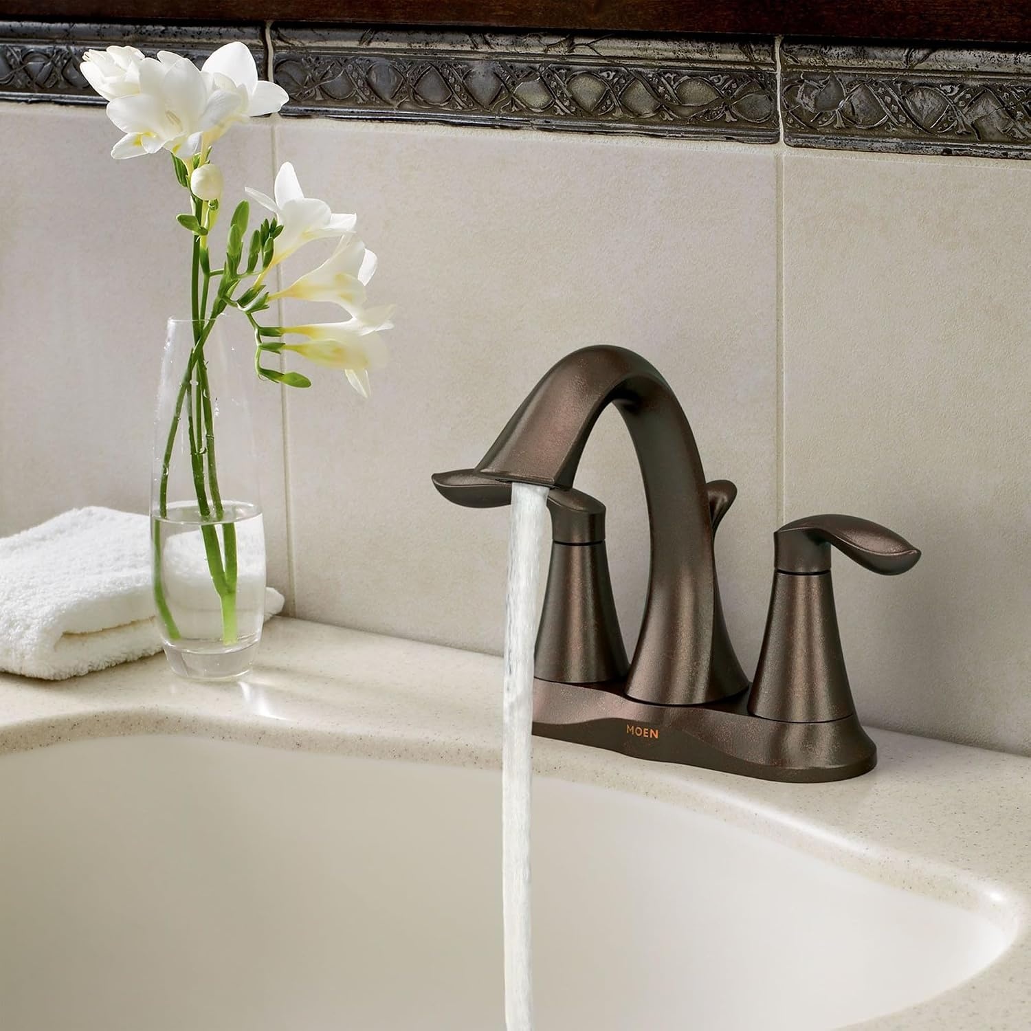 image:imageMoen Eva Brushed Nickel TwoHandle 4Inch Centerset Bathroom Faucet with Drain Assembly Bathroom Faucets for Sink 3Hole 6410BNOil Rubbed Bronze