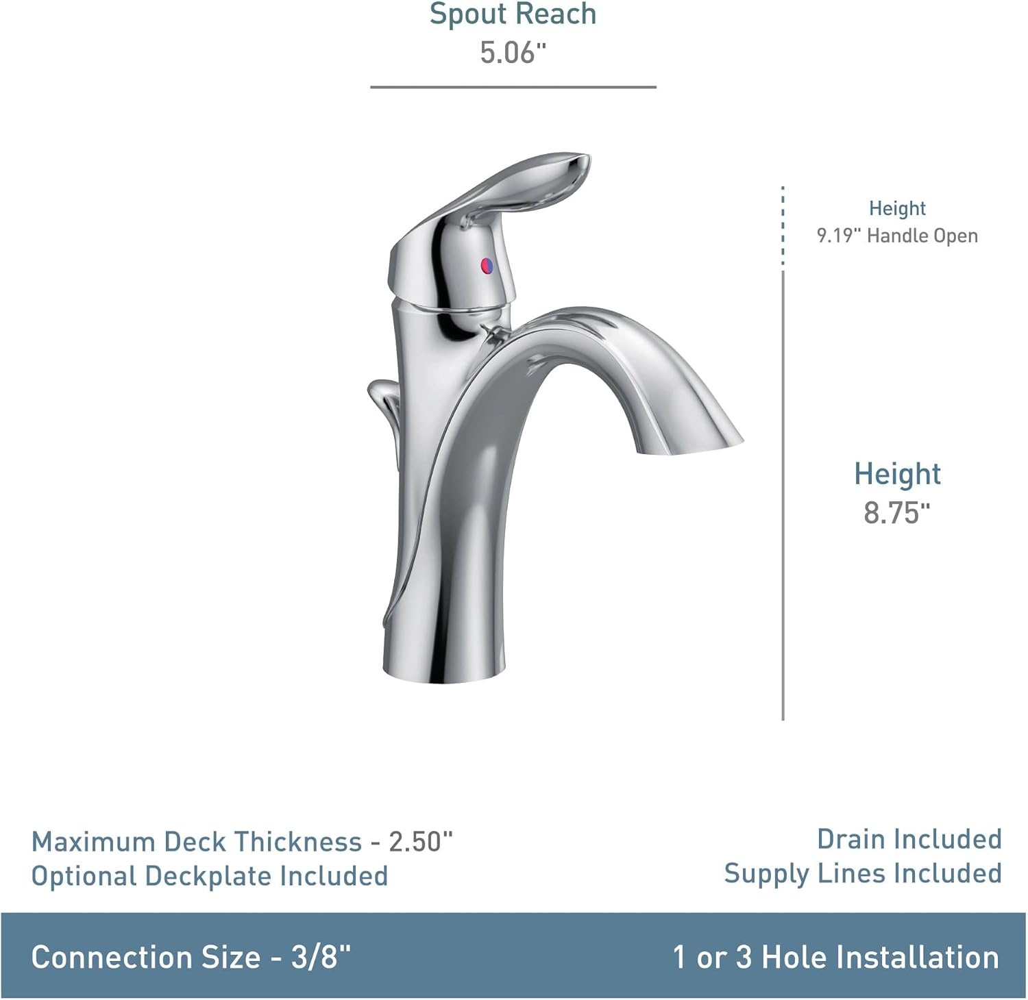 image:imageMoen Eva Chrome OneHandle Single Hole Bathroom Sink Faucet with Optional Deckplate and Available Vessel Sink Extension Kit 6400