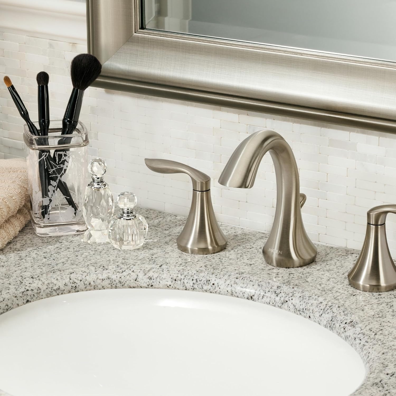 image:imageMoen Eva OilRubbed Bronze TwoHandle High Arc Widespread Bathroom Sink Faucet for 3Hole Setups with Valve Included TV6420ORBBrushed Nickel