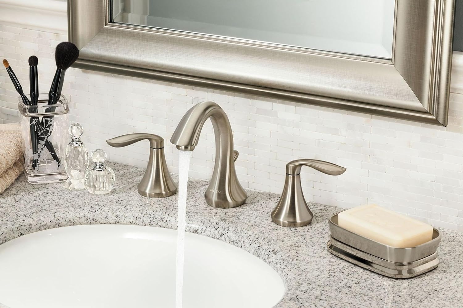 image:imageMoen Eva OilRubbed Bronze TwoHandle High Arc Widespread Bathroom Sink Faucet for 3Hole Setups with Valve Included TV6420ORBBrushed Nickel