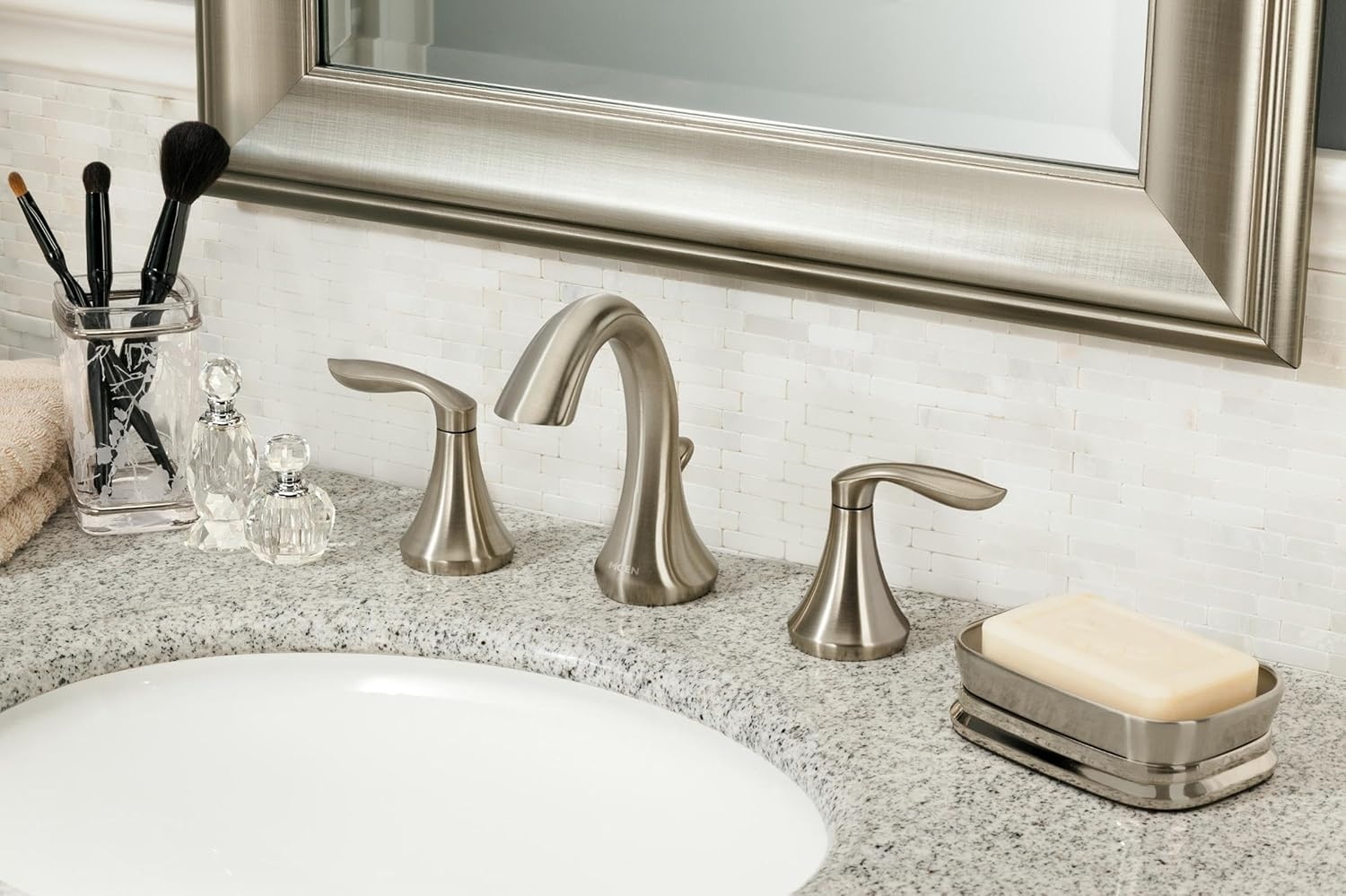 image:imageMoen Eva OilRubbed Bronze TwoHandle High Arc Widespread Bathroom Sink Faucet for 3Hole Setups with Valve Included TV6420ORBBrushed Nickel